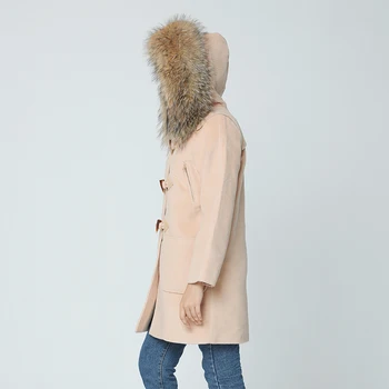 Toamna haina de iarna femei 2020 nou Butonul de la Claxon Lână Lână Îngroșa haina naturale, cu adevărat mare blană de raton cu Gluga casaco feminino