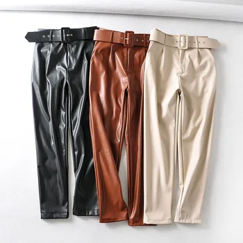 Toamna Iarna Elegante, Pantaloni de Piele Femei Fleece Cald Cu Centura de Talie Mare PU Pantaloni sex Feminin 2021 Moda Doamnelor Pantaloni de Creion