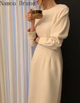 Toamna Iarna Lady Birou Rochie Lunga Eleganta cu Maneci Lungi O-gât Culoare Solidă Talie Mare Femeie Rochie 2020 Noua Moda Stil coreean
