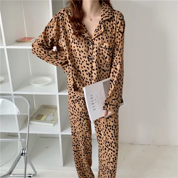 Toamna iarna leopard sexy acasă pentru femei costum de pijama set tricou cu maneci lungi, pantaloni de pijamale 2 piese haine
