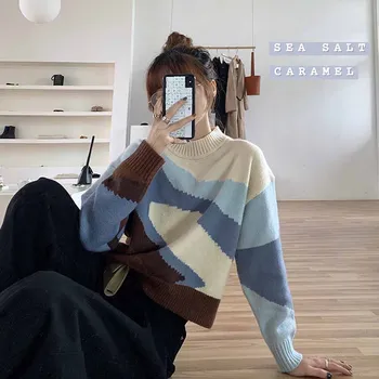 Toamna Iarna Nou Stil Coreean Sens Design Retro Contrast Pulover Feminin Neajutat Versatil De Îmbrăcăminte Pulover Tricotate De Sus