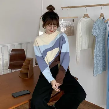 Toamna Iarna Nou Stil Coreean Sens Design Retro Contrast Pulover Feminin Neajutat Versatil De Îmbrăcăminte Pulover Tricotate De Sus