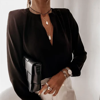 Toamna Negru V-neck Roz Bluze pentru Femei Pulover Solidă Maneca Lunga Femei Bluza 2020 Noua Moda Casual, Office Doamnelor Topuri