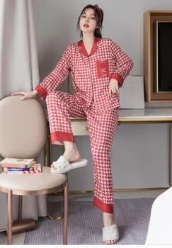 Toamna Noua Pijama Femei Subțire de Fibre de Viscoză cu Maneci Lungi Pantaloni Lungi Set Rever Mătase de Agrement Topuri Halat de baie Pijamale Cămașă de noapte