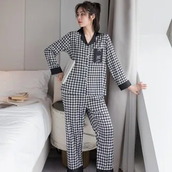 Toamna Noua Pijama Femei Subțire de Fibre de Viscoză cu Maneci Lungi Pantaloni Lungi Set Rever Mătase de Agrement Topuri Halat de baie Pijamale Cămașă de noapte