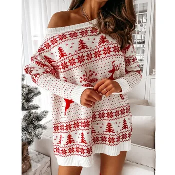 Toamna Pulovere de Iarnă de Îmbrăcăminte pentru Femei O de Gât Crăciun Imprimare Cald Tricotat cu Maneca Lunga Tricot Vrac Pulover Moda 2020 Nou
