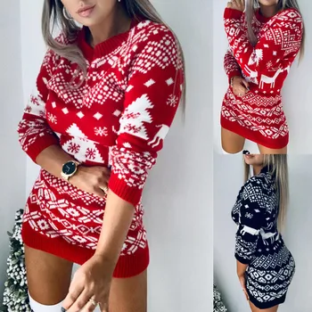 Toamna Pulovere de Iarnă Rochie Rotund gat Crăciun Imprimare Cald Tricotat cu maneca Lunga Tricot Vrac Pulover Moda 2020