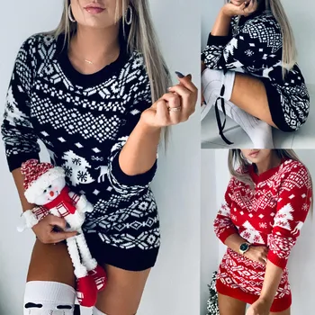Toamna Pulovere de Iarnă Rochie Rotund gat Crăciun Imprimare Cald Tricotat cu maneca Lunga Tricot Vrac Pulover Moda 2020