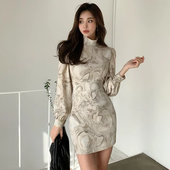 Toamna Rochii cu Maneci Lungi pentru Femei Slim Vintage Imprimare Rochie de Creion Elegant coreean Simplu Bodycon Munca de Birou Vestidos TA3201