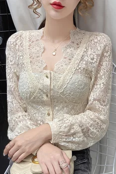 Toamna Sexy V-Neck Lace Mozaic Bluza Pentru Femei Hollow Out Maneca Lunga Șifon Tricou Femei Bej Topuri Scurte Nou Blusas 2020