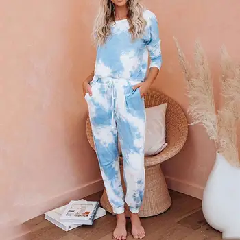 Toamna Tie Dye Set Pijama Femei Body Set Tie-dye Iarna Set de Pijamale Homewear Femei Lounge Purta Maneca Lunga, Pijamale