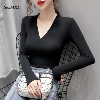 Toamna V Gâtului Negru T Shirt Femei 2020 Moda cu Maneci Lungi de Iarnă de Bază Doamnelor Topuri Sexy Korean Haine Casual Gri Tricou XXL