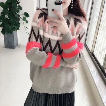 Toamna versiunea coreeană de 2020 nou carouri pulover femei pe gât rotund pulover jacquard liber cu gluga tricou tricou femei