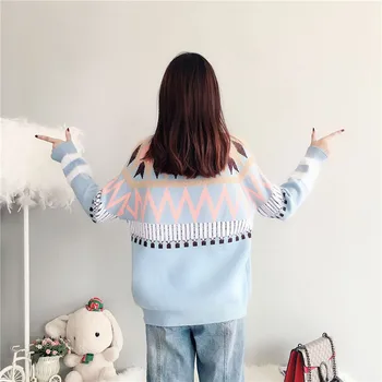 Toamna versiunea coreeană de 2020 nou carouri pulover femei pe gât rotund pulover jacquard liber cu gluga tricou tricou femei