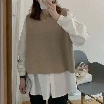 Toamna Vesta de Cusut Cămașa Fals din Două piese de Temperament Femei coreene 2020 Nou Liber Pulover Casual Doamna Gât Topuri de Moda