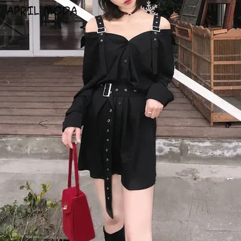 Toamna Vintage Negru Greu Bretele Rochie De Sex Feminin Harajuku Gotic Coreean De Pe Umăr Tricou Sexy Femei Rochie Stil Punk Rochii