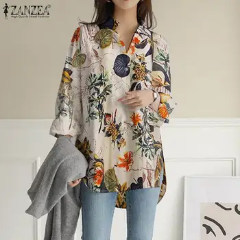 Toamna ZANZEA Femei Largi Pierde Complet Maneca Bluze Vintage Florale Imprimate Topuri Boem Vacanță buzunarul de la Cămașă Butoane Plus Dimensiune