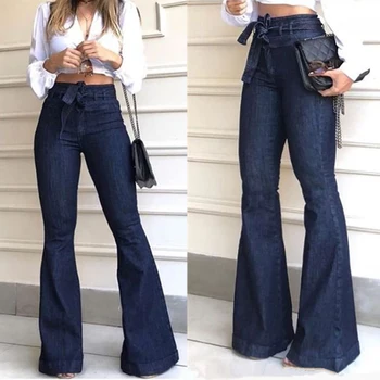Toamna Înaltă Talie Lace-Up Boot Cut Jeans Cabluri Pantaloni de Moda de Gunoi Stretch Full Lungime Pantaloni Flare Denim Albastru de sex Feminin