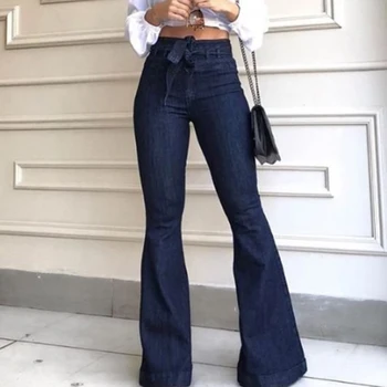 Toamna Înaltă Talie Lace-Up Boot Cut Jeans Cabluri Pantaloni de Moda de Gunoi Stretch Full Lungime Pantaloni Flare Denim Albastru de sex Feminin