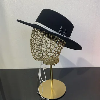 Toamna Și Iarna Femei Lady Designeri De Brand Retro Margine Largă Floppy Pălărie Panama Lanț De Metal Cataramă De Lână Pălărie Fedora