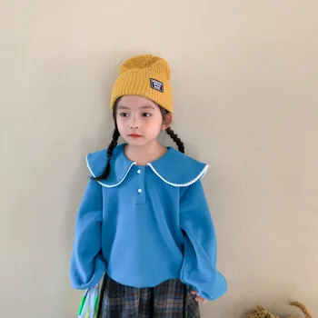 Toamna și Iarna stil coreean bumbac toate-meci îngroșat pierde t-shirt cu fleece papusa mare de dantelă rever pentru moda fete pentru copii