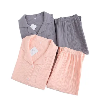 Toamna Și Primăvara Iubitorii de Tifon de Bumbac Stil Japonez Culoare Solidă Cupluri Pijama Set Complet Maneca+Pantaloni 2 buc Moale Homewear