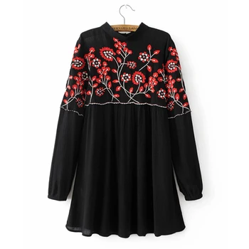 Toamnă De Primăvară De Moda De Brand Floral Brodate Rochie Retro Femei Pe Gât Rotund Maneca Lunga Vintage Negru 2020 Boho Dress Vestidos