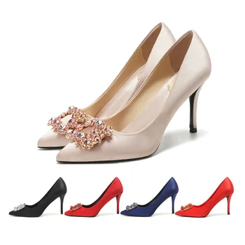 Tocuri femei e bine tocuri pătrat catarama cristal de diamant unic de pantofi de mireasa rochie de șampanie roșie mireasa, pantofi de nunta pentru femei