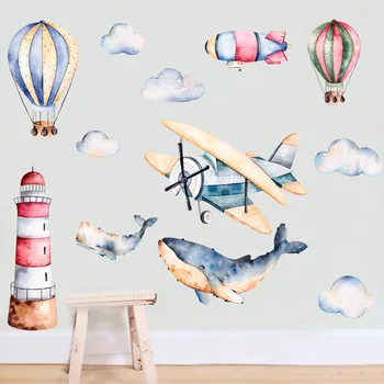 Tofok Mână-pictat de Avion Balon Rechini Autocolant Perete Dormitor Copii Pepinieră Living Tapet Vinil Murală Decor Acasă