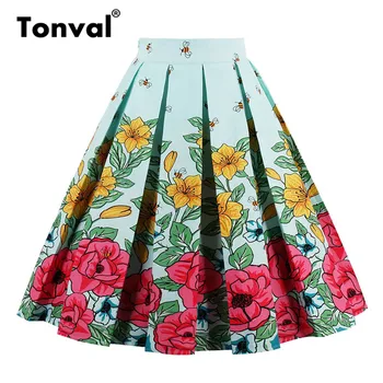 Tonval Vintage Plisata Fusta Bleumarin Cu Print Floral Talie Mare Fuste Femei Retro Școală De Vară 2019 Fusta