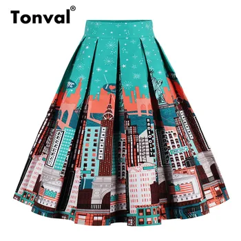 Tonval Vintage Plisata Fusta Bleumarin Cu Print Floral Talie Mare Fuste Femei Retro Școală De Vară 2019 Fusta