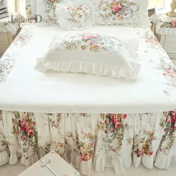 Top Floral print ruffle cuvertură de pat de Calitate bumbac satinat lenjerie de pat lenjerie de pat lucrate manual cuvertură de pat fusta acasă lenjerie de pat vânzare