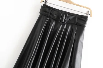 Toppies negru faux din piele fuste femei cu fuste lungi de înaltă talie o-linie faldas centura 2021 femei haine