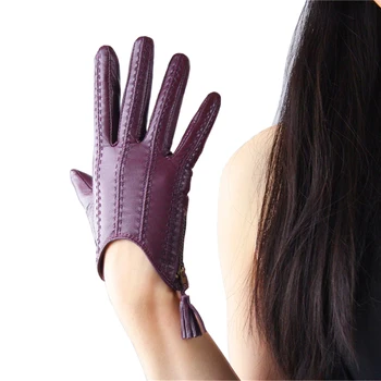 Touch Ecran Mănuși din Piele Pure Importate Ciucure din piele de Capra cu Fermoar Scurt Stil Violet Închis Feminine Touch Funcție WZP16