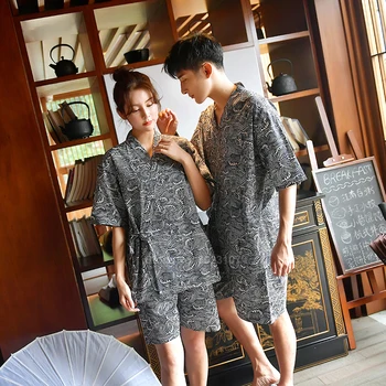 Tradițional Japonez Val de Imprimare Iubitului Bărbați Femei Set de Pijama de Vara cu Maneci Scurte Spa Saună Purta Plajă Sleepwear Costum