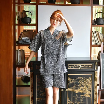 Tradițional Japonez Val de Imprimare Iubitului Bărbați Femei Set de Pijama de Vara cu Maneci Scurte Spa Saună Purta Plajă Sleepwear Costum