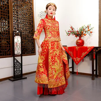 Tradițională Chineză Rochie De Mireasa 2017 Nou Nunta Cheongsam Femei Phoenix Broderie Rochie Moderna Qipao Roșu Oriental Rochii