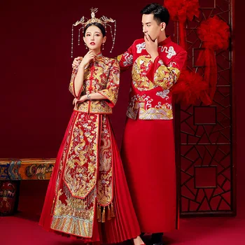 Tradițională Chineză Rochie De Mireasa Cheongsam Dragon Phoenix Îmbrăcăminte Qipao Broderie Satin Rosu Topuri Pentru Femei Rochie De Brocart Auriu