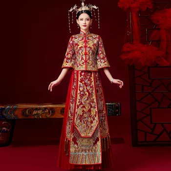 Tradițională Chineză Rochie De Mireasa Cheongsam Dragon Phoenix Îmbrăcăminte Qipao Broderie Satin Rosu Topuri Pentru Femei Rochie De Brocart Auriu