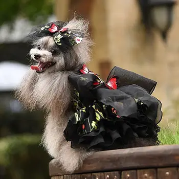Transport Gratuit Handmade Printesa Haine De Câine Negru Broderie Floare Fluture Tutu Animale De Companie Dress Yorkie Maltese Pudel