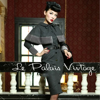 TRANSPORT GRATUIT Le Palais de Epocă elegant stil retro Hepburn lână Rochie Babydoll Cape haina de costum