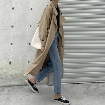 Trenci Haine pentru Femei Kaki Guler de Turn-down Lungi Paltoane Femei de zi cu Zi de Îmbrăcăminte exterioară Elegant de Toamnă de Agrement Moda Retro Stil coreean