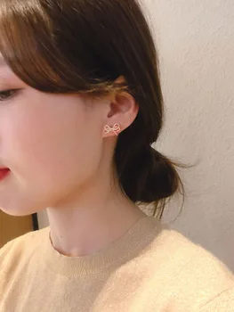 Trendy Coreea Japonia Zircon Cristal Bowknot Cercei Stud Pentru Femei, Fete Dulci Drăguț Crescut De Culoare De Aur Bow Cercei Bijuterii De Nunta