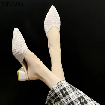 Tricotate Elastic cu Ochiuri papuci femei 2020 pantofi de Vara pentru femei de Moda a Subliniat Toe Slide-uri pantofi cu Toc Bej Catâri de sex feminin pantofi