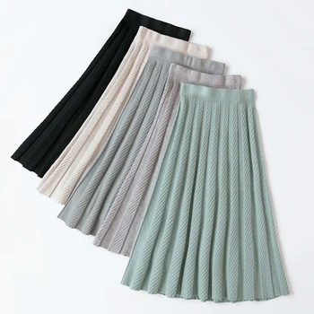 Tricotate Lungi Fuste Midi Femei Solide De Toamna Iarna Cu Dungi, Fuste Vintage Harajuku Îngroșa Caldă A-Line Fusta Talie Elastic W205