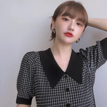 Tricotate T-Shirt Femei De Vară 2020 Stil Coreean Butoanele De Epocă Rândul Său, În Jos Guler, Mâneci Tricou Negru Topuri Tricotaje T488