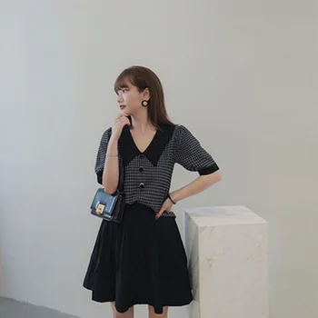 Tricotate T-Shirt Femei De Vară 2020 Stil Coreean Butoanele De Epocă Rândul Său, În Jos Guler, Mâneci Tricou Negru Topuri Tricotaje T488