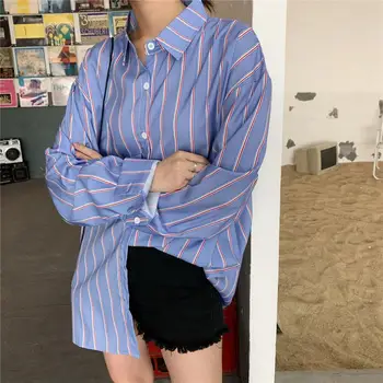 Tricou cu dungi pentru Femei Largi Koeran Moda Haine cu Maneca Lunga Bluza Femei Plus Dimensiune Topuri Doamnelor Butonul de Epocă Tricouri Albastre