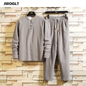 (Tricou + Pantaloni) coreeană de Moda de Vara cu Maneci Lungi Tricou Barbat din Bumbac și Lenjerie de Îmbrăcăminte Casual, Negru, Kaki, Alb Trening Set