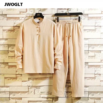 (Tricou + Pantaloni) coreeană de Moda de Vara cu Maneci Lungi Tricou Barbat din Bumbac și Lenjerie de Îmbrăcăminte Casual, Negru, Kaki, Alb Trening Set